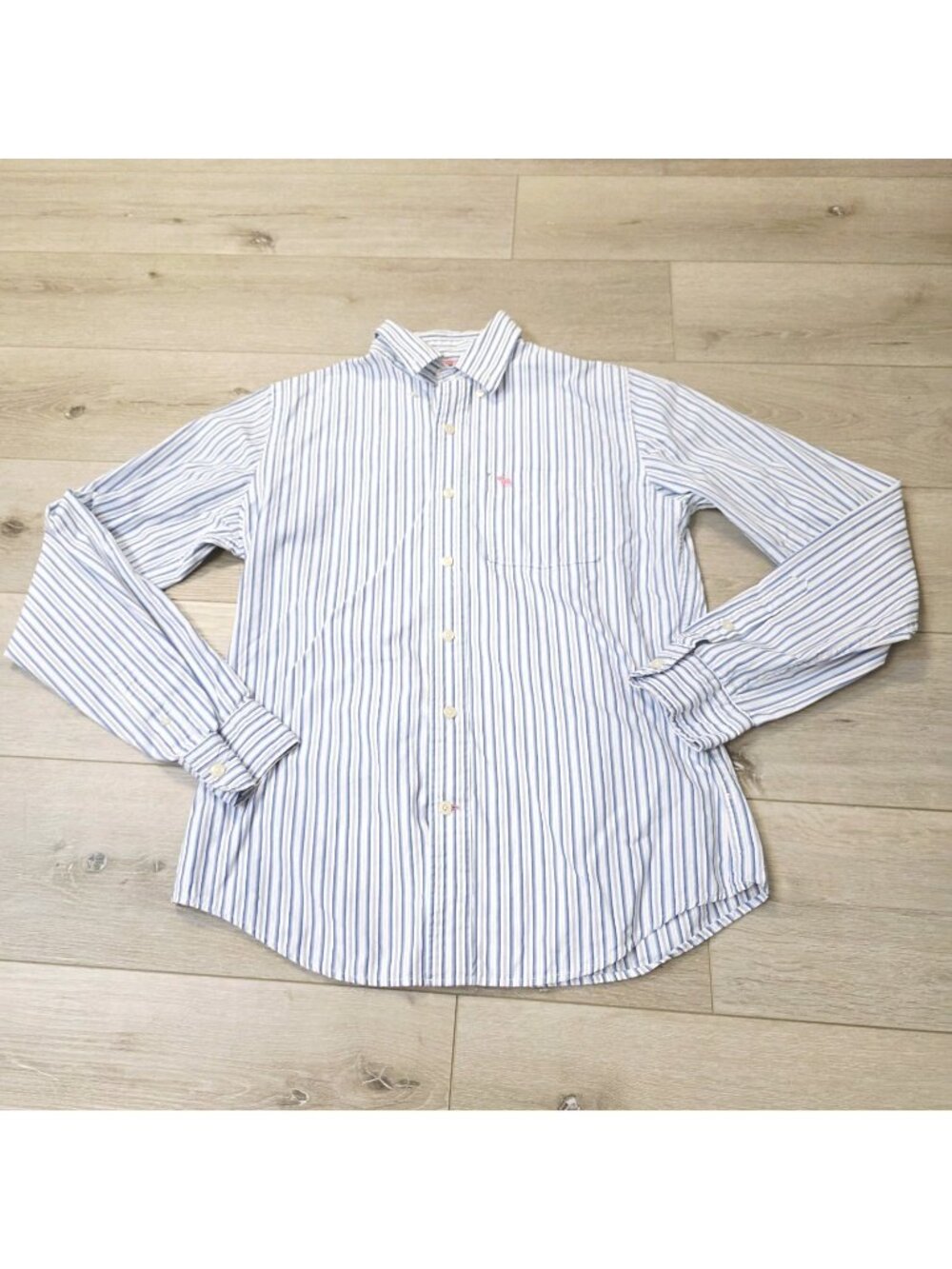 Women's Abercrombie & Fitch Blue Striped Y2K Pink Moose Cotten Button Blouse